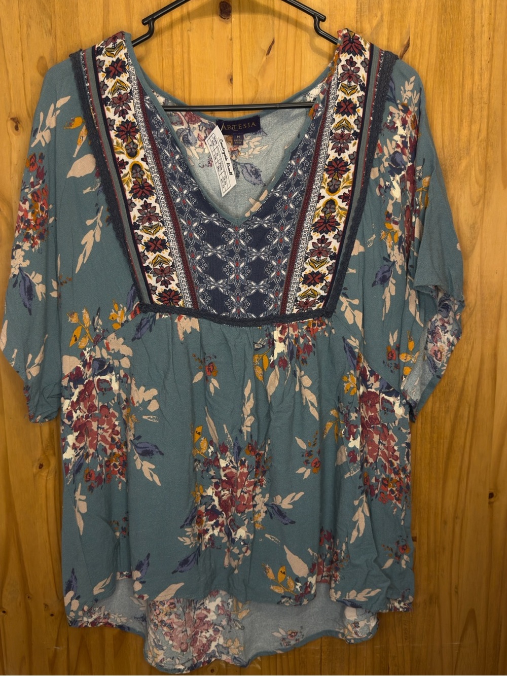 Aritzia Teal Floral V-Neck Embroidered Tunic